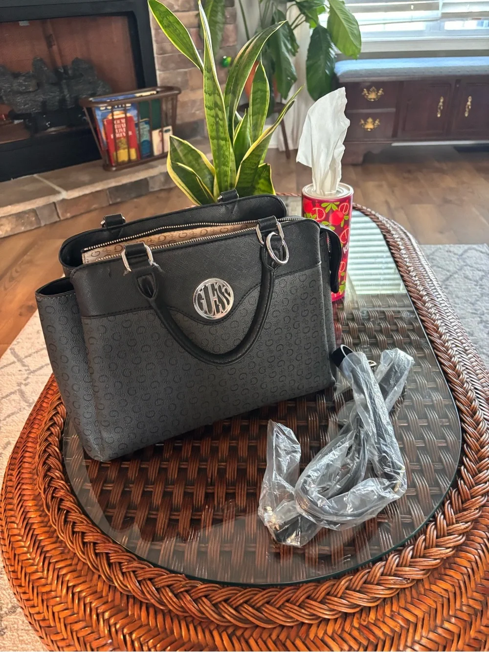Guess Black Monogram Satchel with Silver Logo Accent
